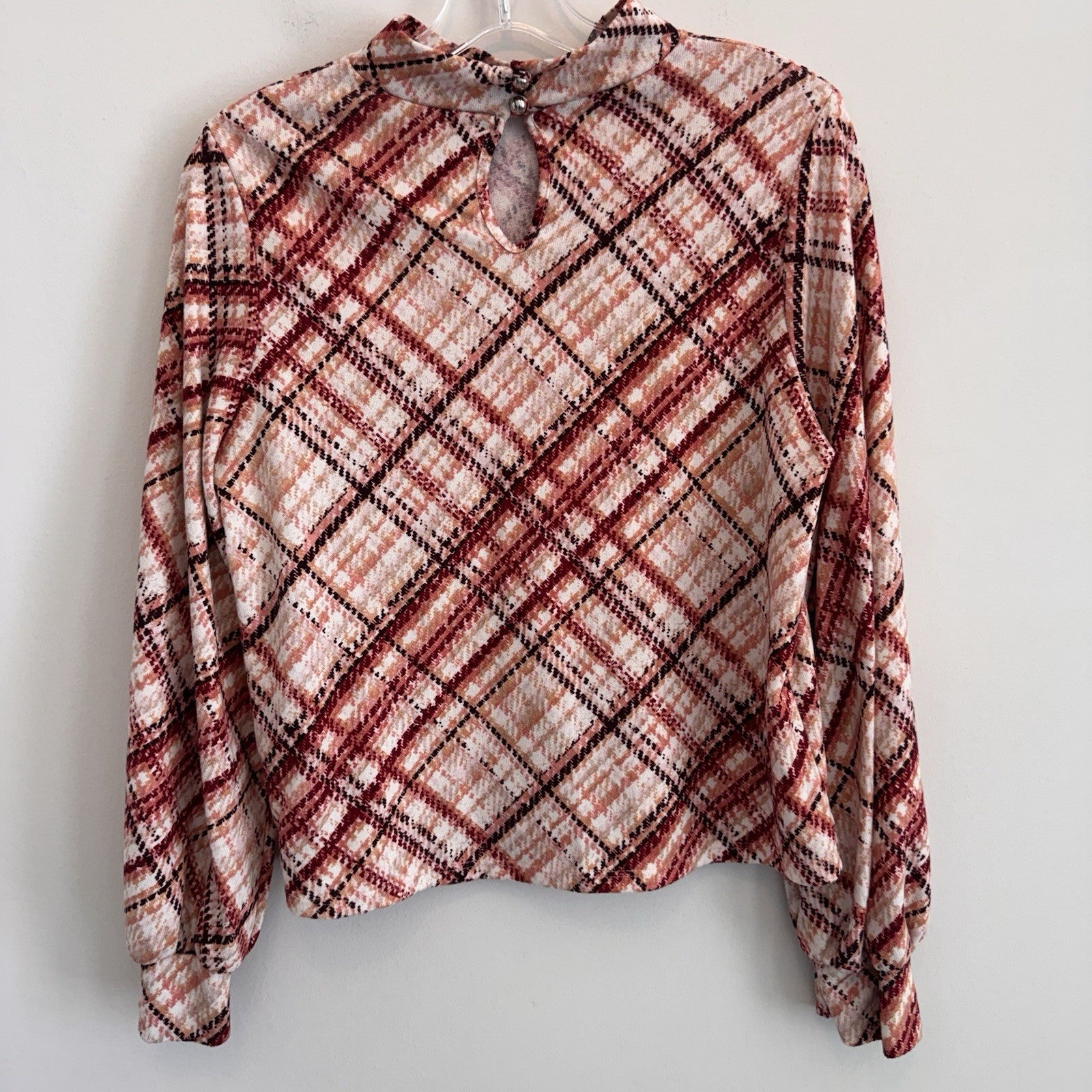 PerSeption Concept Womens L Rust Plaid Mock Neck Balloon Sleeve Blouse Stretch