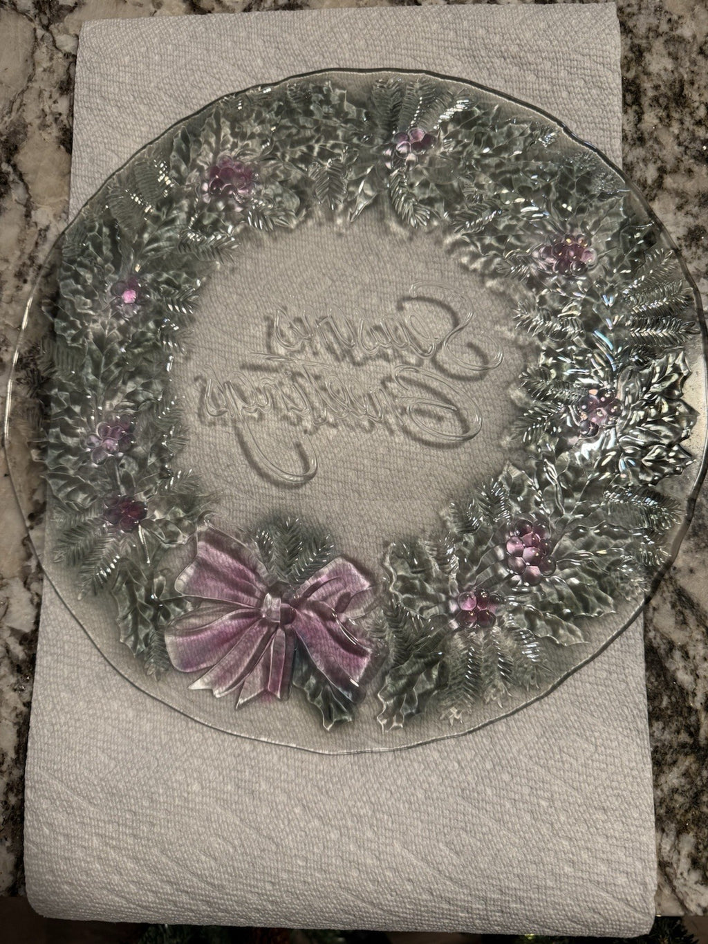 VTG Indiana Glass Rainbow Mist Season’s Greetings Platter 13.5" Wreath Bow