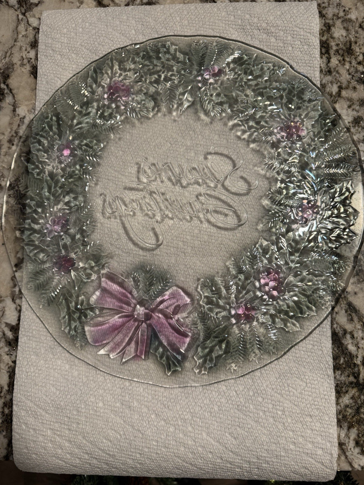 VTG Indiana Glass Rainbow Mist Season’s Greetings Platter 13.5" Wreath Bow