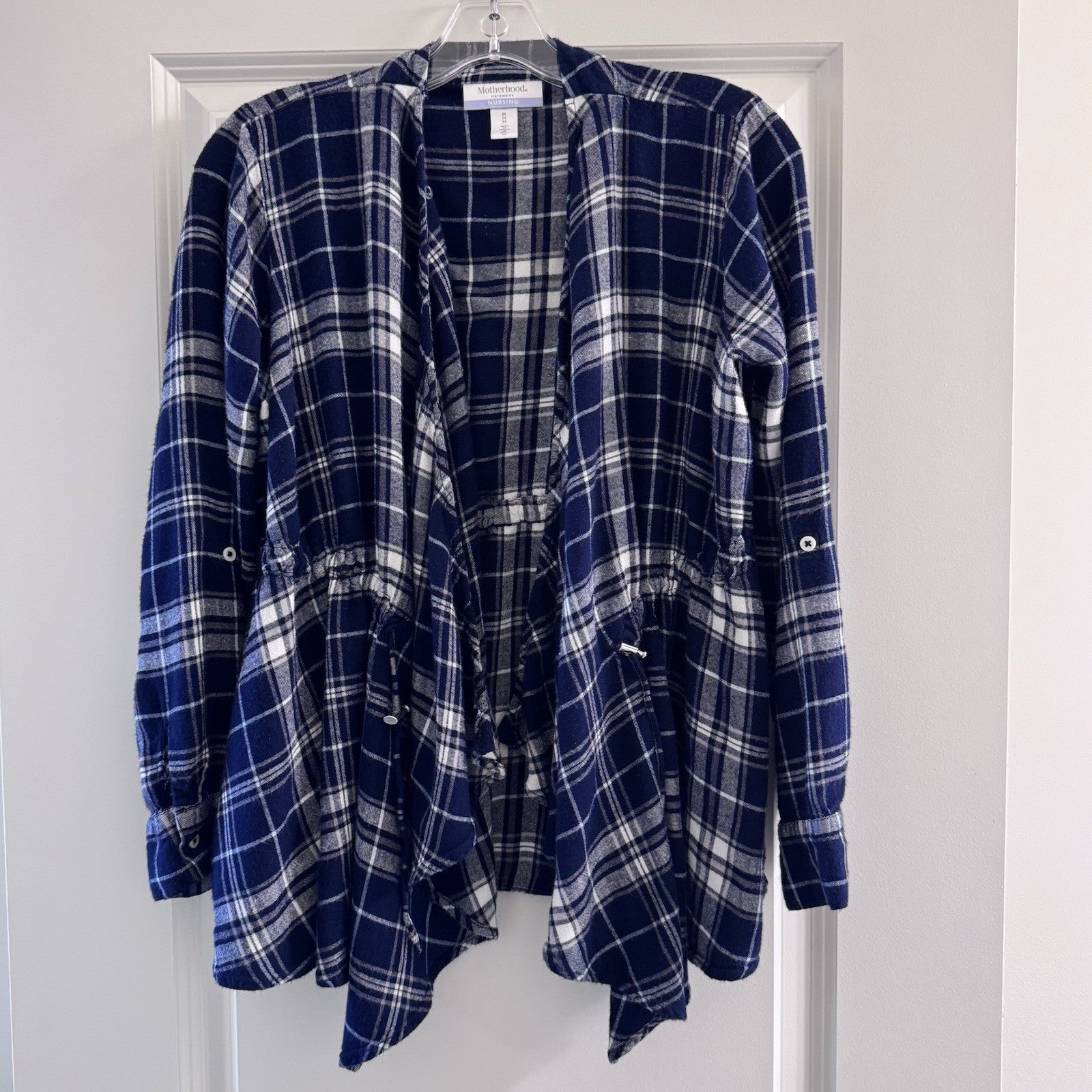 Motherhood Maternity Nursing Top M Navy Plaid Flannel Wrap Long Sleeve