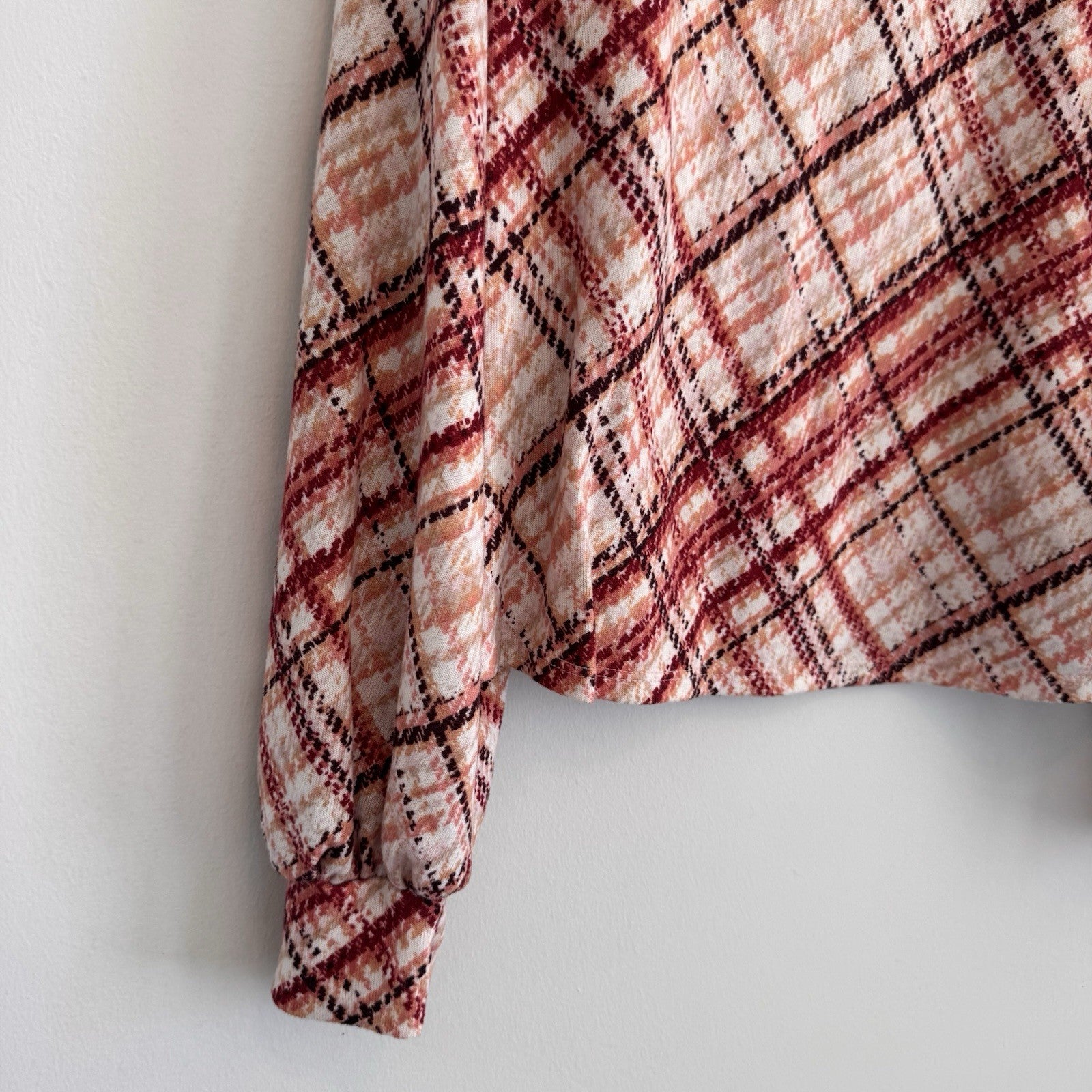 PerSeption Concept Womens L Rust Plaid Mock Neck Balloon Sleeve Blouse Stretch