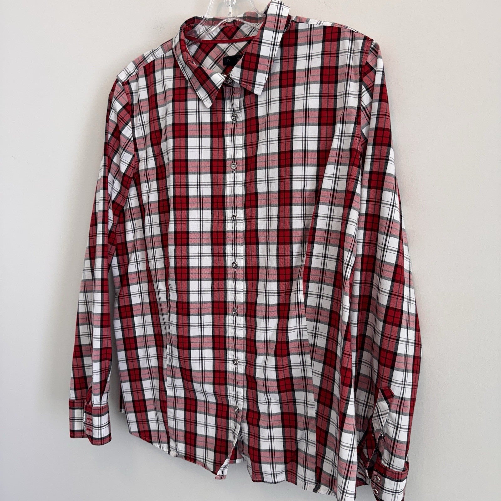 Talbots Women's Button Down Blouse Size 16 Cotton Stretchy Plaid Red Long Sleeve