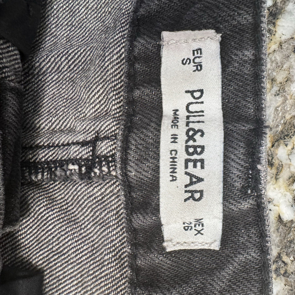 Pull&Bear Black Button Front Denim Mini Skirt Raw Hem Size 26