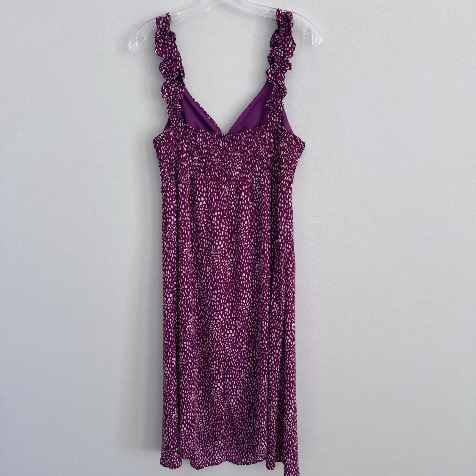 Sienna Sky Dress L Magenta White Print Ruffle Strap Midi Lined NWT