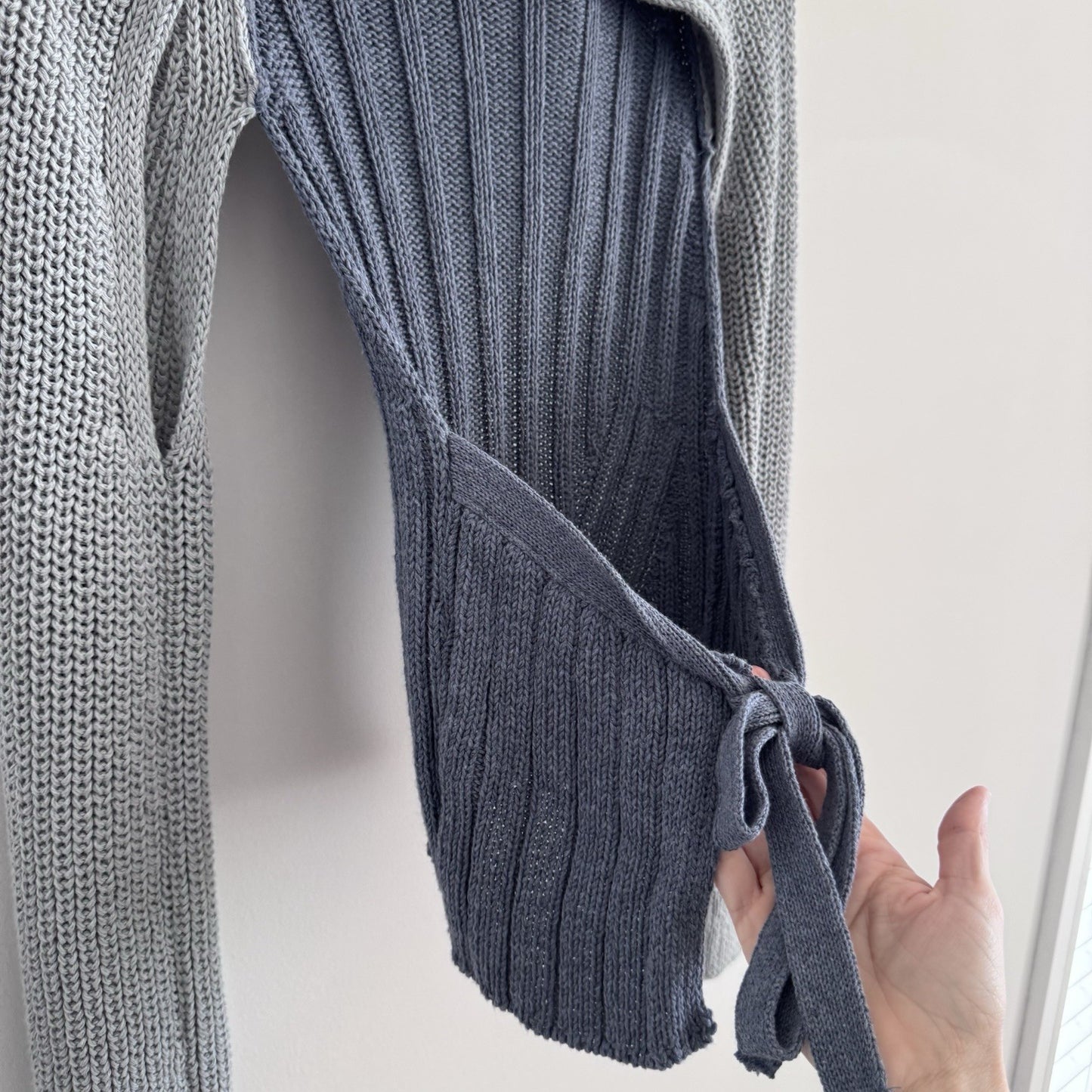 Zara Knit Tie Back Sweater Blue Gray Colorblock Long Sleeve Size M NWT 
