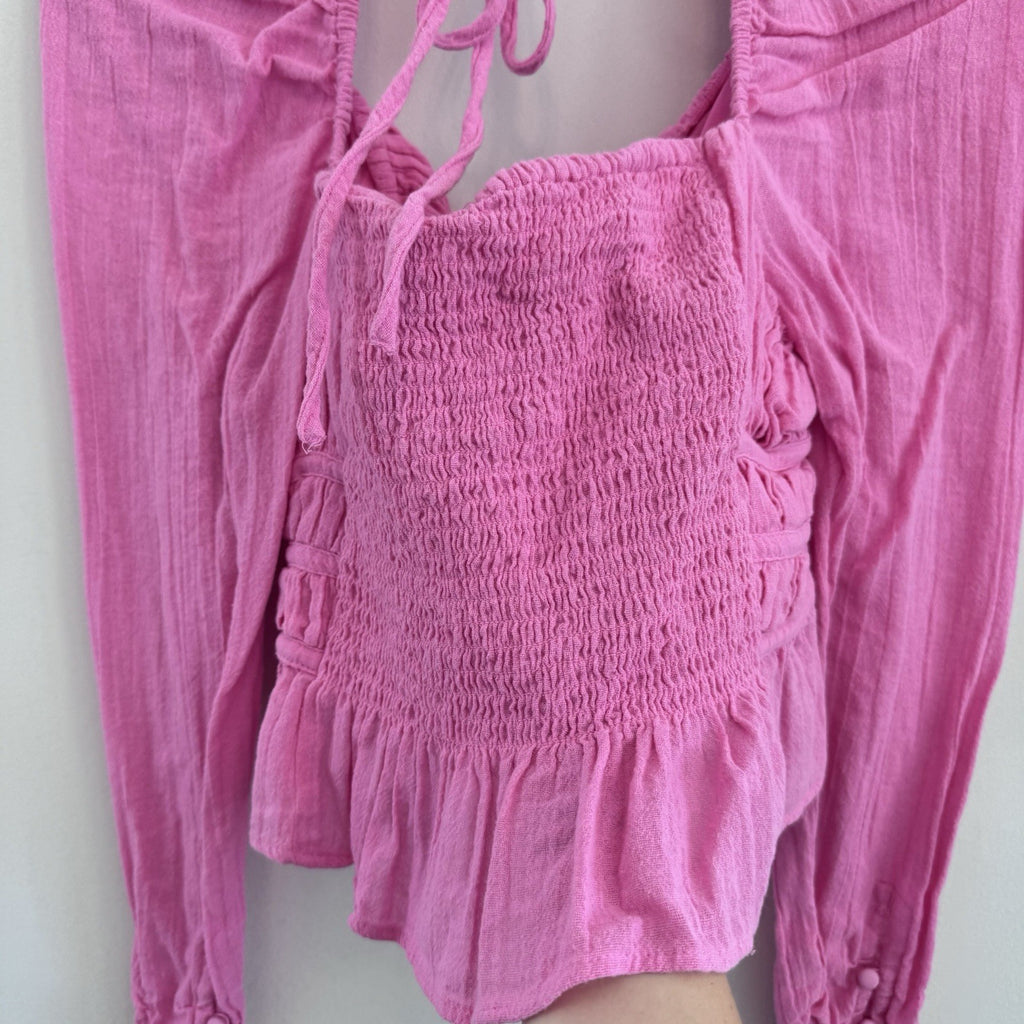 Free People Pink Boho Peasant Crop Top M Ruched Long Sleeve Cotton Womens