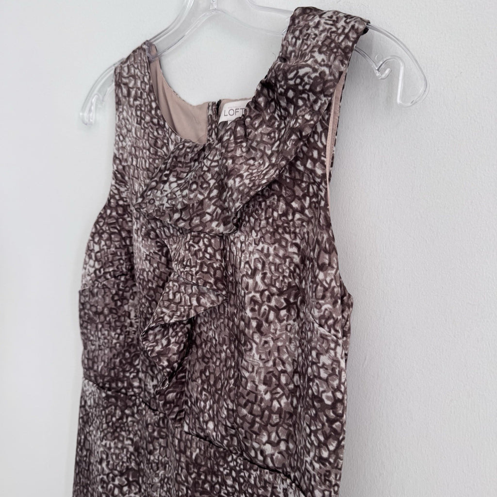 LOFT Size 4 Ruffle Front Sleeveless Sheath Dress Mauve Print