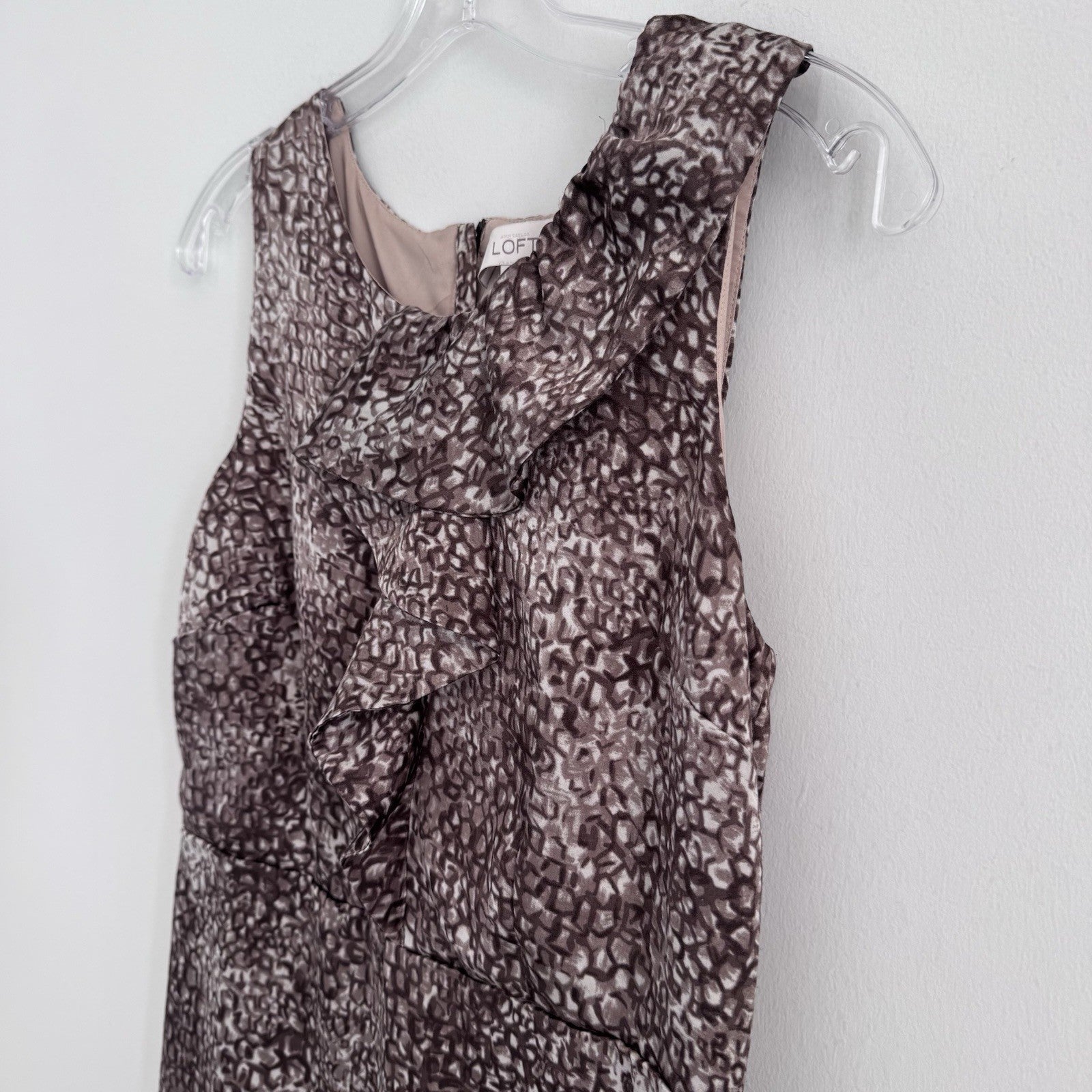 LOFT Size 4 Ruffle Front Sleeveless Sheath Dress Mauve Print
