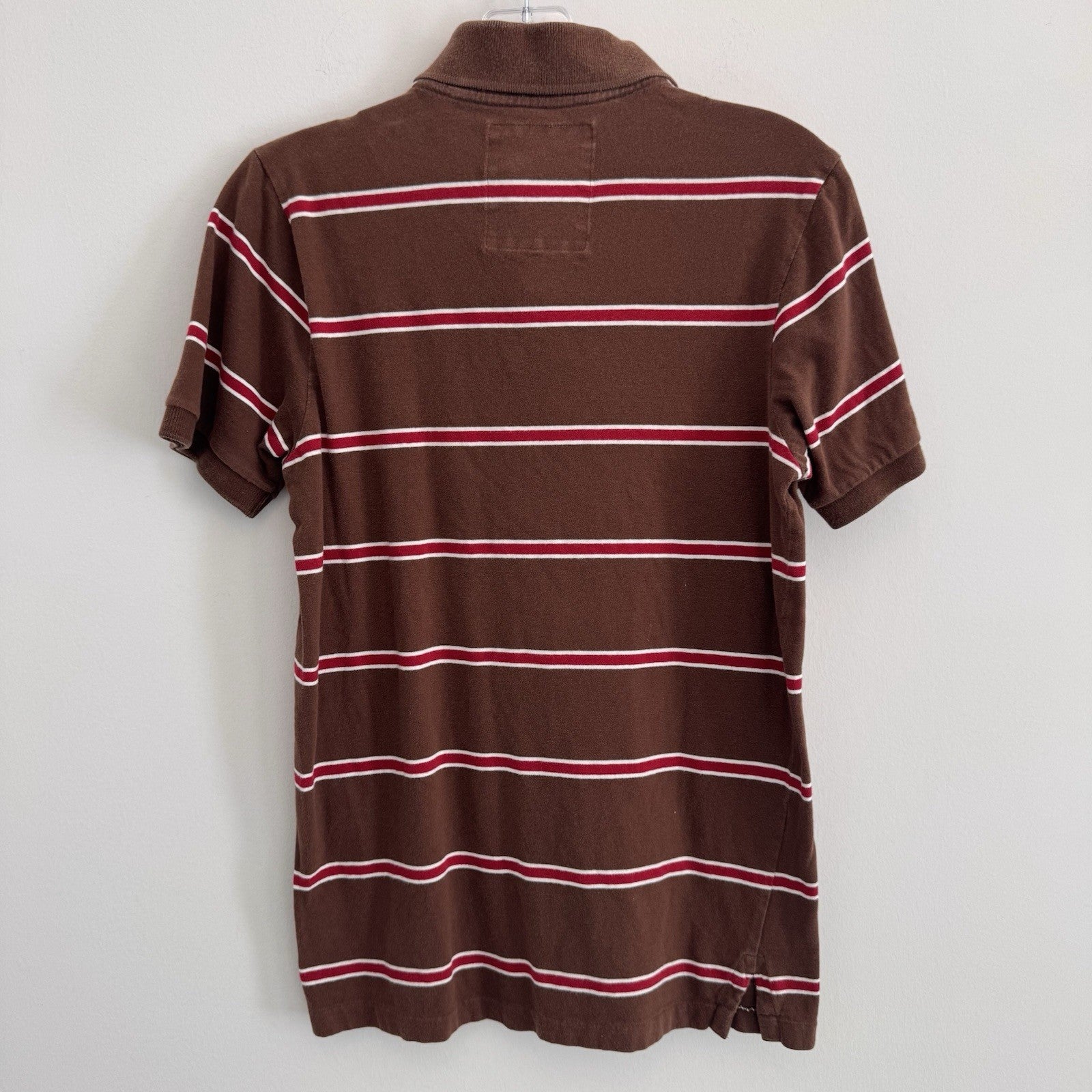 Y2K Hollister Polo Shirt Brown Red Stripe Logo Cotton Preppy Mens Small 