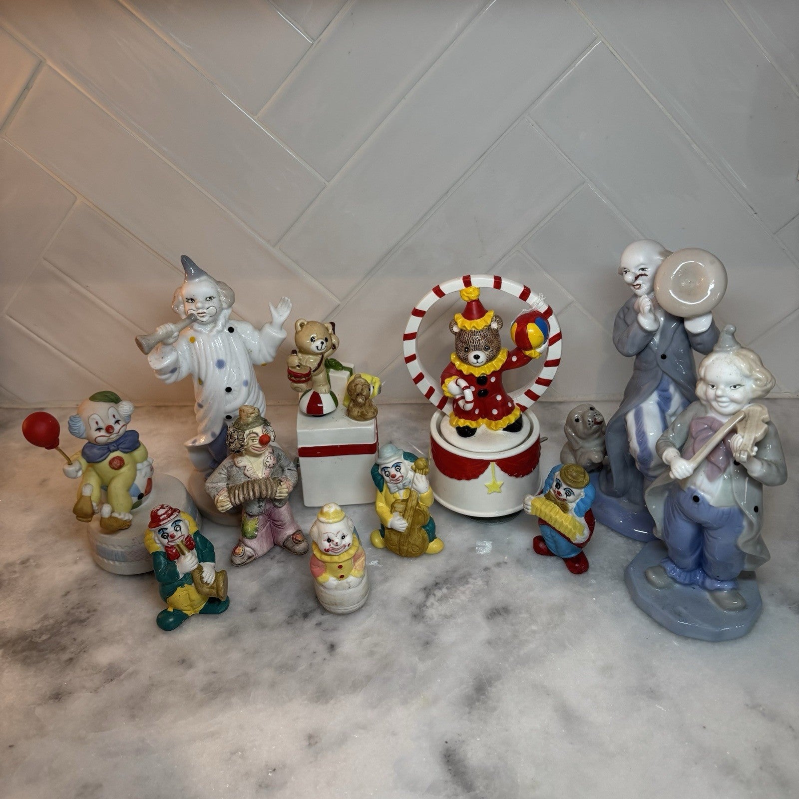 vintage Clown Figurine Lot Porcelain Music Box Circus Band Ceramic Decor