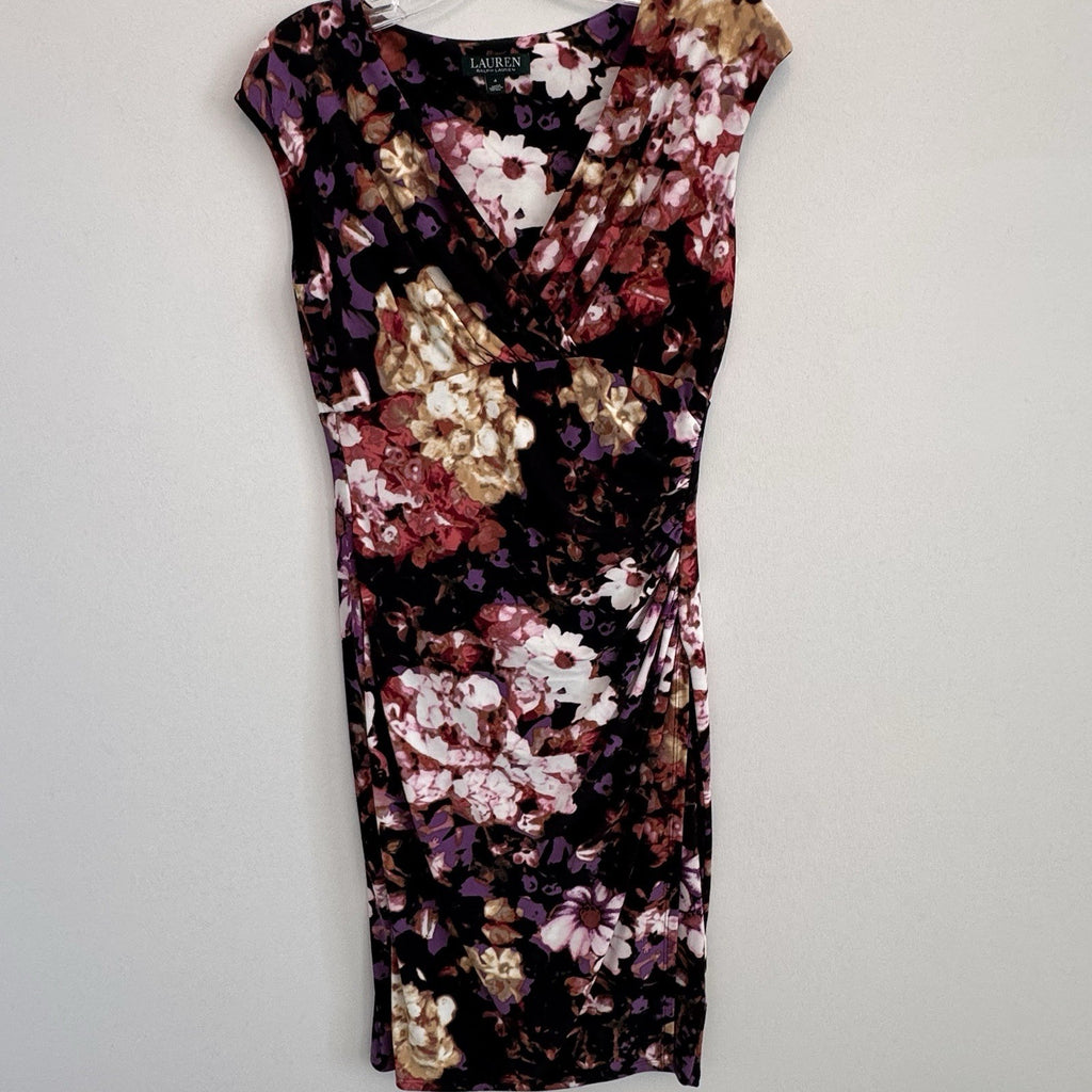 Lauren Ralph Lauren Floral V-Neck Sheath Dress Padded Shoulder Size 4