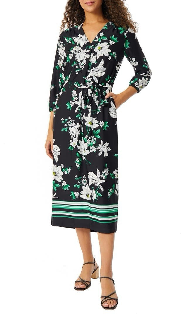 Jones New York NWT Medium Floral V-Neck Midi Dress Black Kelly Green Pockets