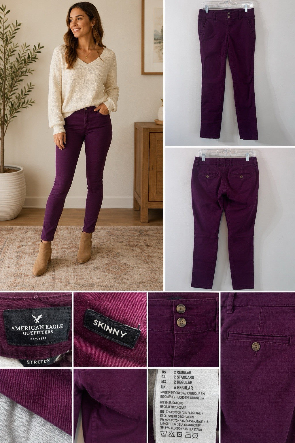 American Eagle Skinny Pants Womens 2 Regular Purple Stretch Chino Casual