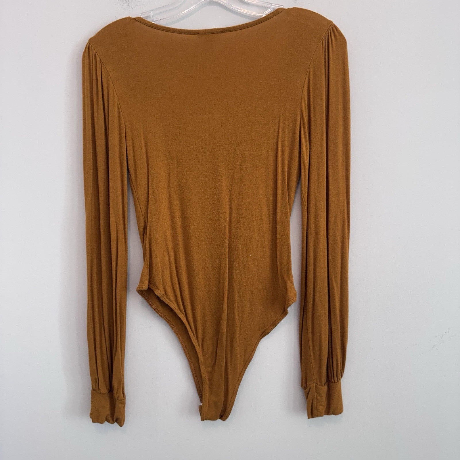 Peach Love Club Bodysuit Womens S Brown Boho Puff Sleeve V Neck