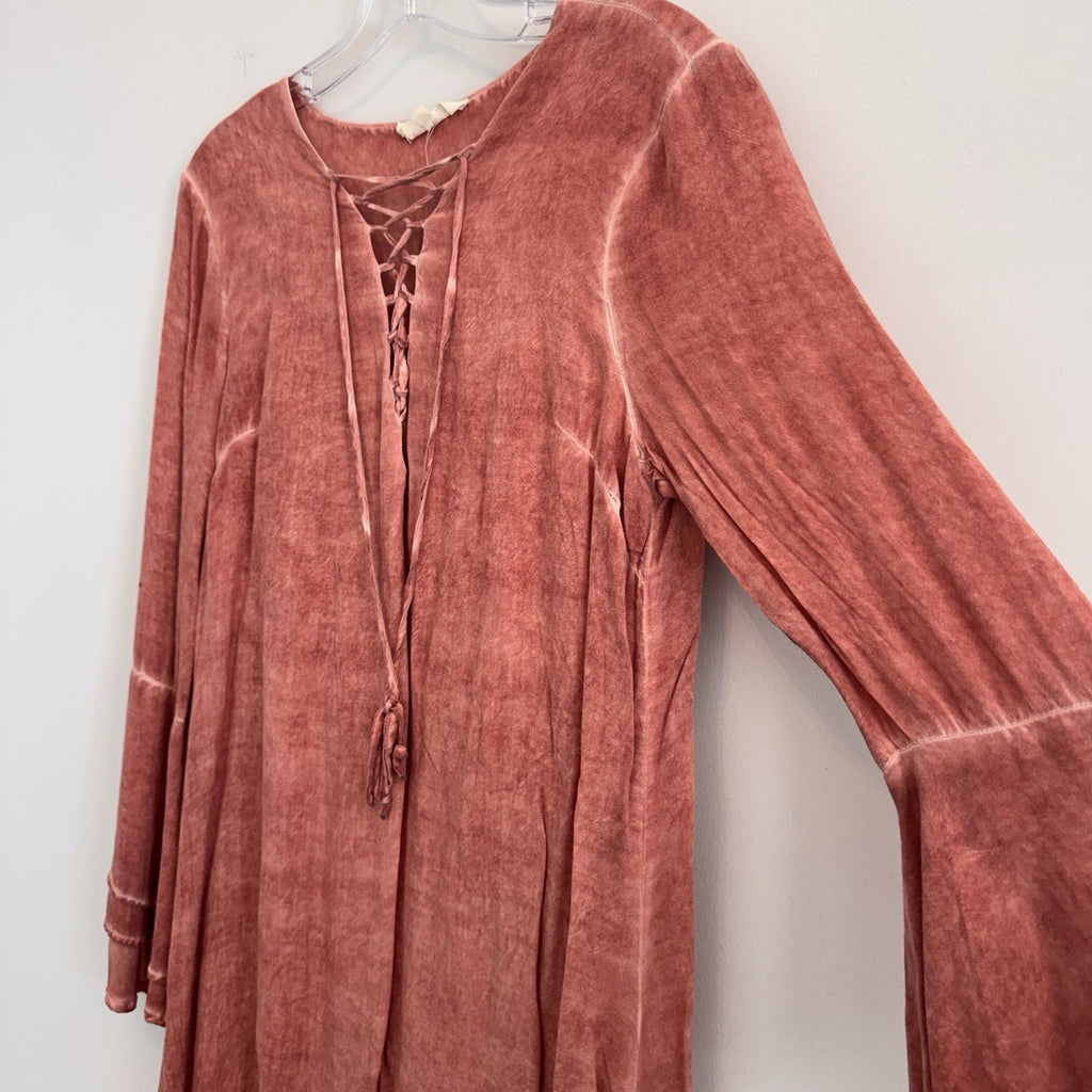 Entro Women’s Medium Rust Bell Sleeve Lace Up Boho Mini Dress Peasant Tunic
