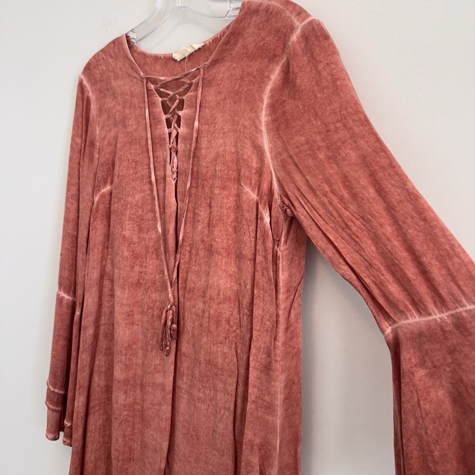 Entro Women’s Medium Rust Bell Sleeve Lace Up Boho Mini Dress Peasant Tunic