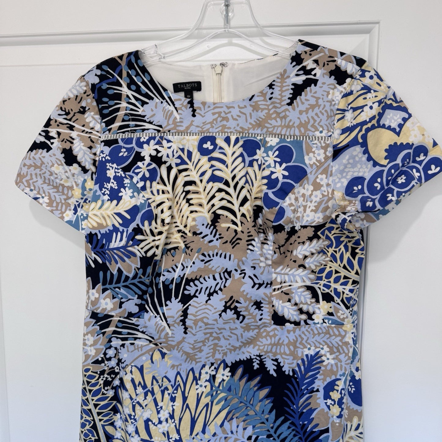 Talbots Petites Floral Sheath Dress Women’s 6P Blue Beige Short Sleeve