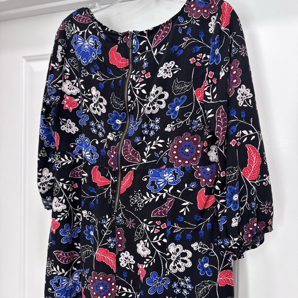 Old Navy Black Floral Dress L Boho Print 3/4 Sleeve Viscose Soft Tunic