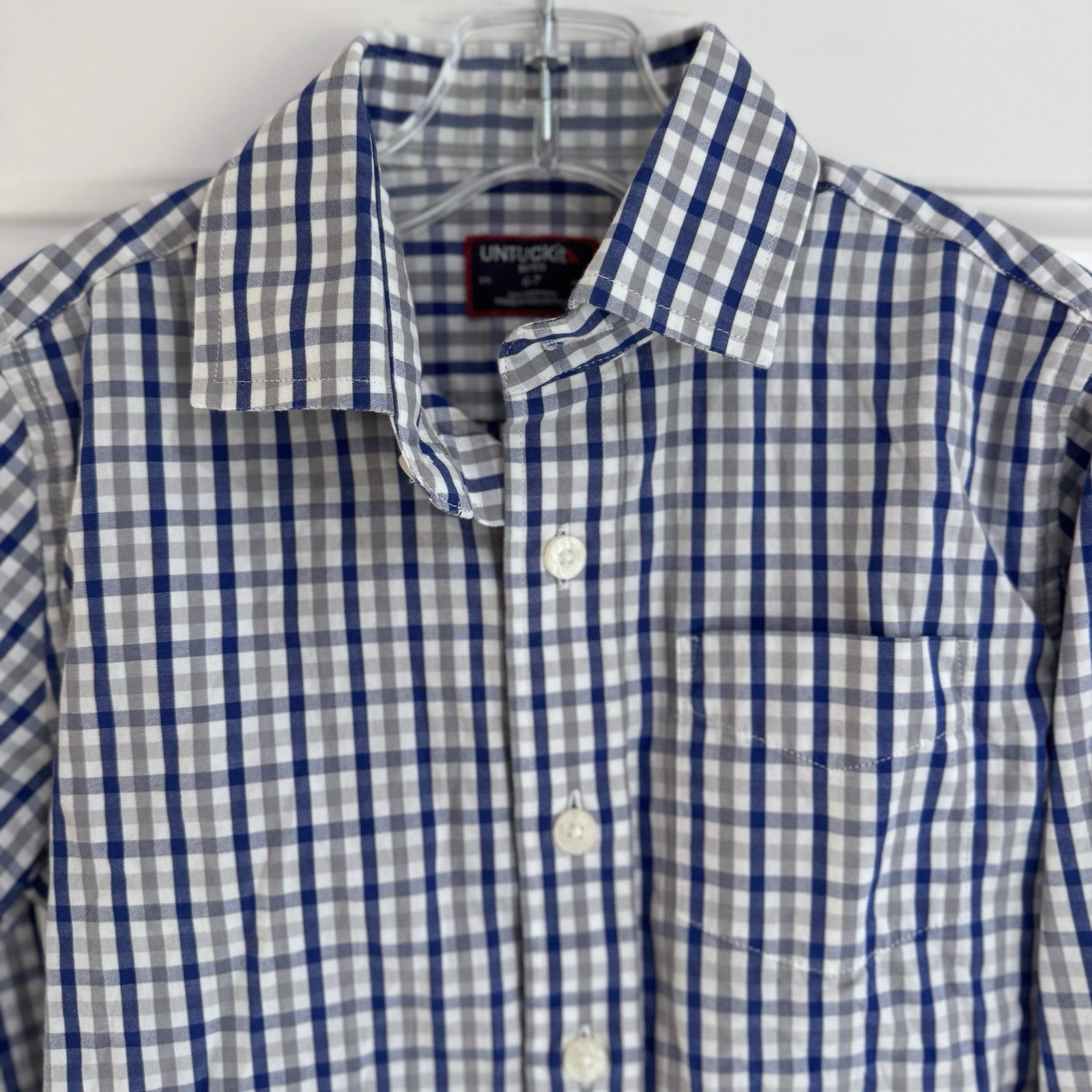 Untuckit Boys Button-Down Shirt Blue Gray Gingham Plaid Cotton Size 6–7