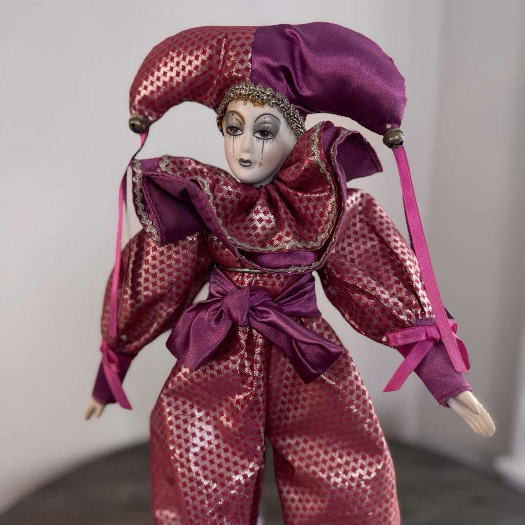 Set of 2 Vintage Porcelain Jester Dolls 16" & 8" Harlequin Musical Jack in Box
