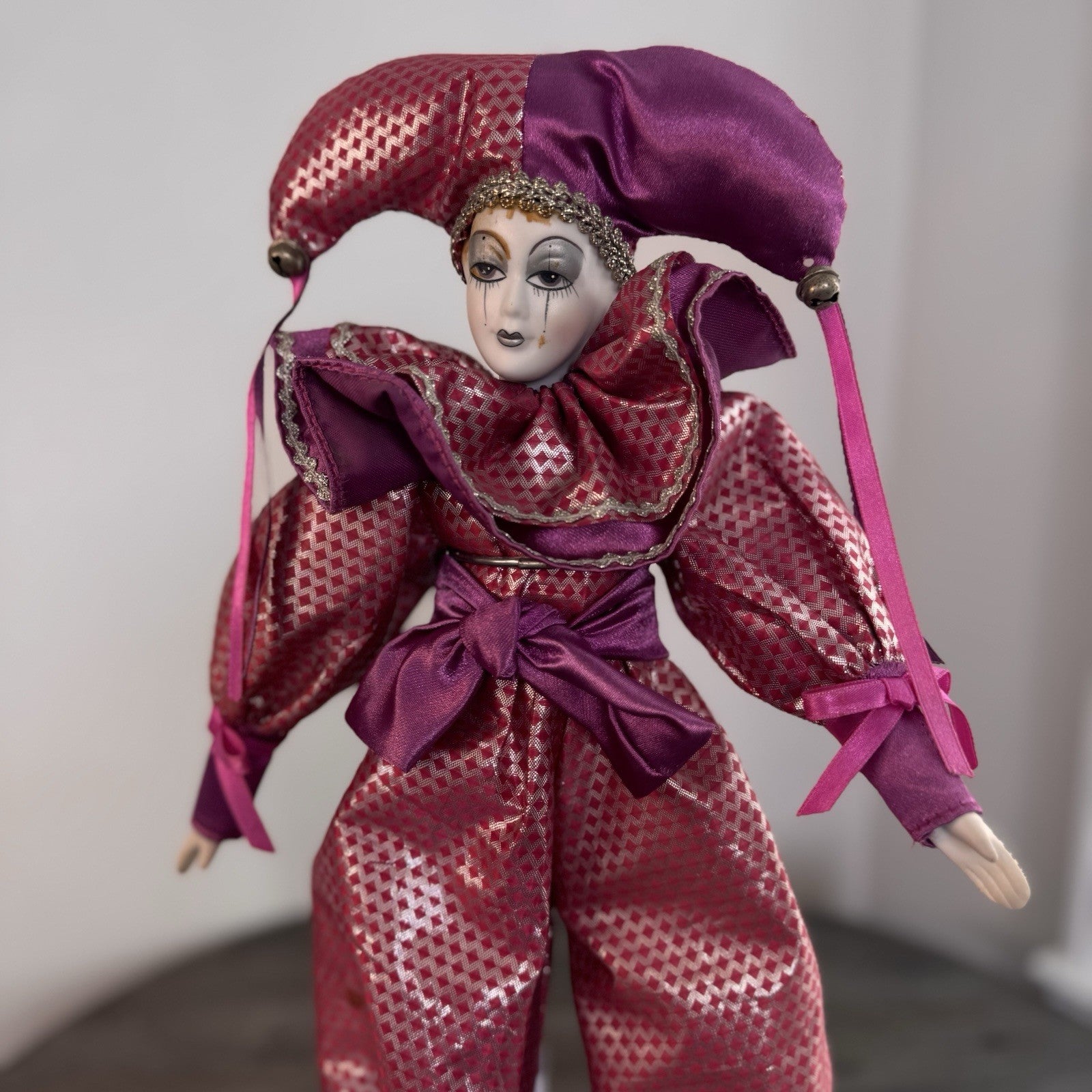 Set of 2 Vintage Porcelain Jester Dolls 16" & 8" Harlequin Musical Jack in Box