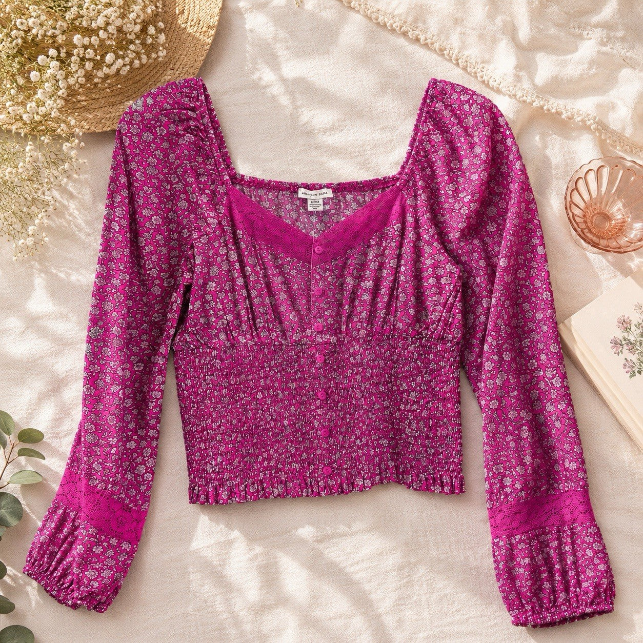 American Eagle Floral Smocked Crop Top Pink Cottagecore Boho S NWT Womens
