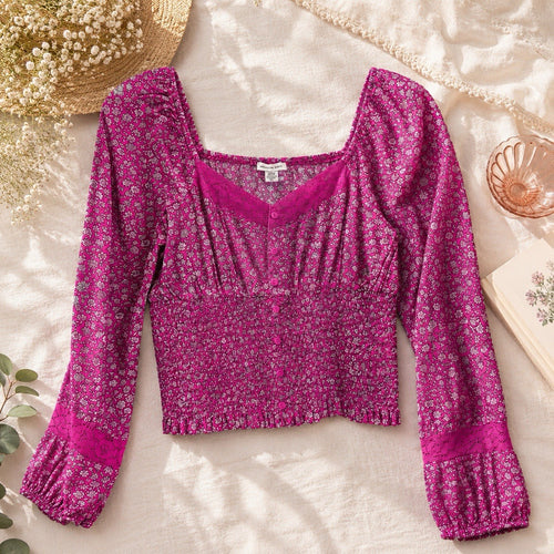 American Eagle Floral Smocked Crop Top Pink Cottagecore Boho S NWT Womens