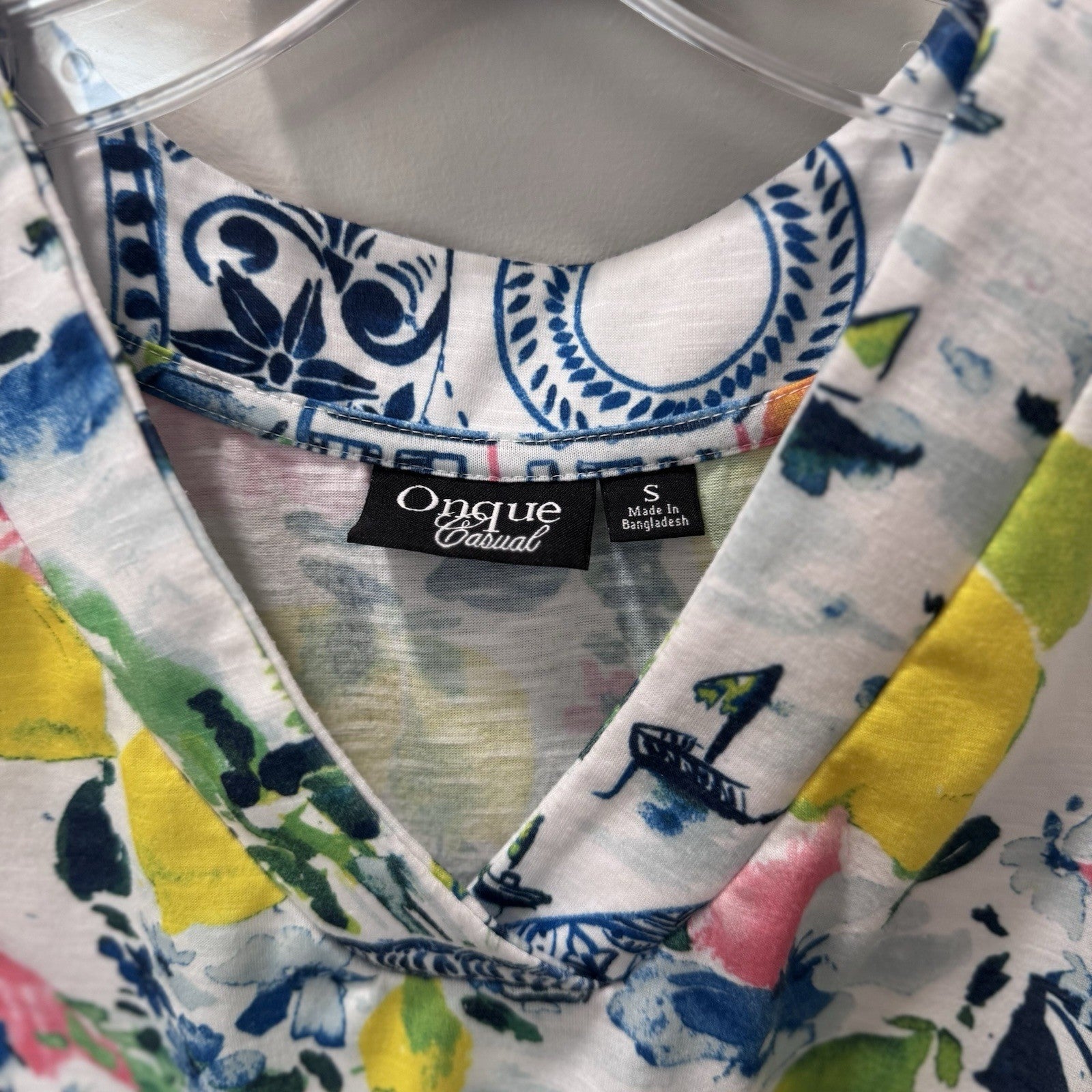 Onque Casual Lemon Village Print Tie Front Blouse Top Small S RN#129494