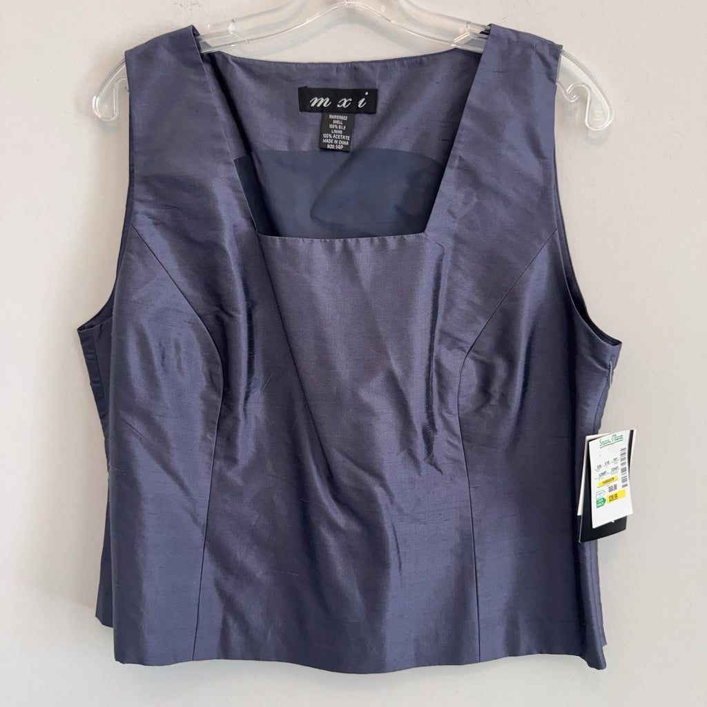 NWT mxi 100% Silk Sleeveless Shell Top Blouse Blue Slate Size 14P Petite