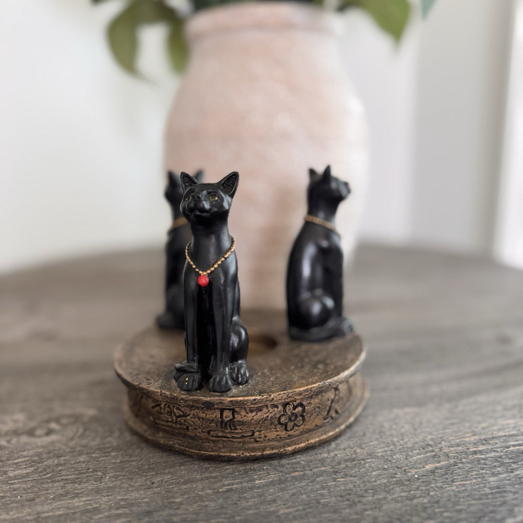 Egyptian Bastet Cat Candle Holder Trio Black Gold Resin Hieroglyphics Base