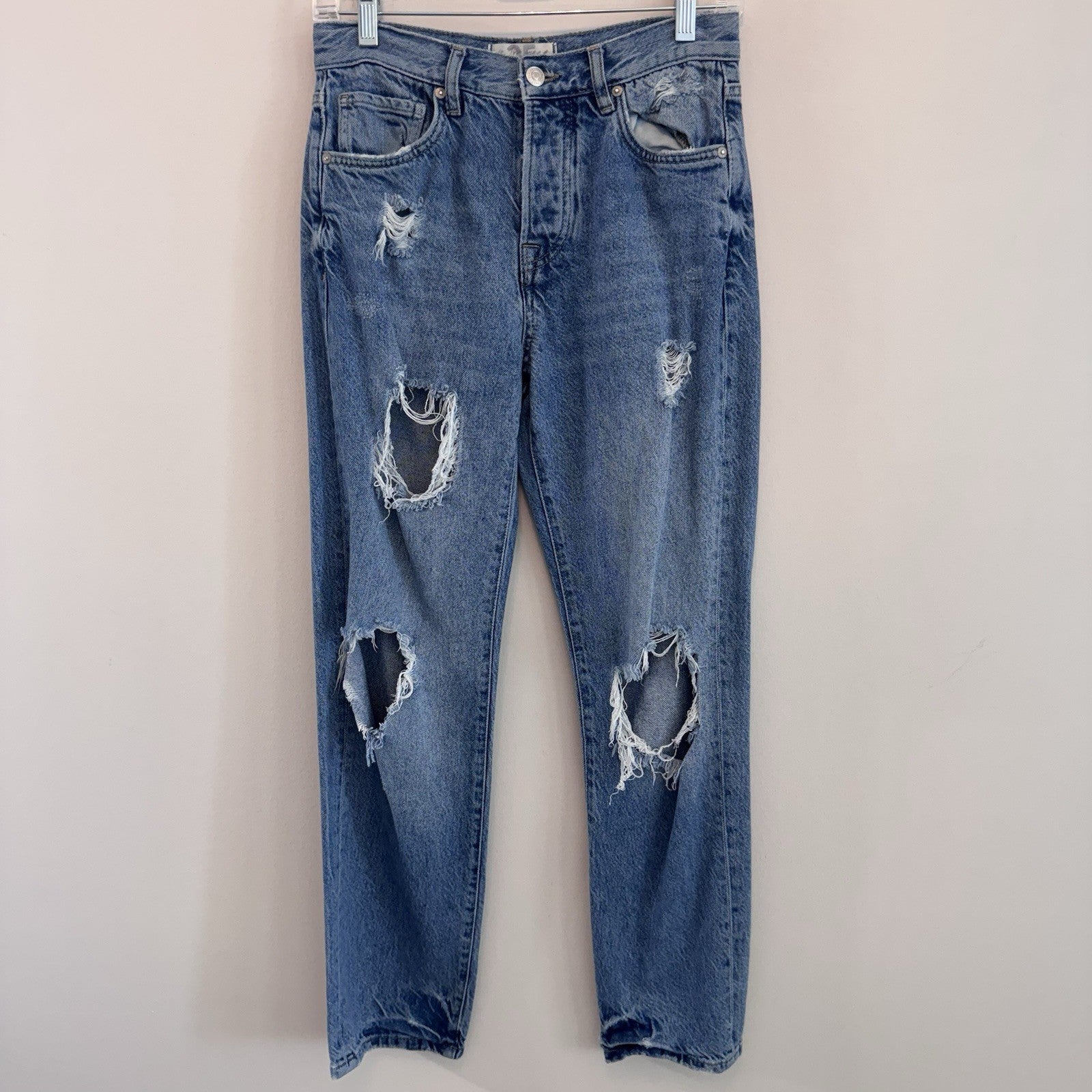 Free People Distressed Mom Jeans Womens 25 Blue Denim High Rise Button Fly Y2K