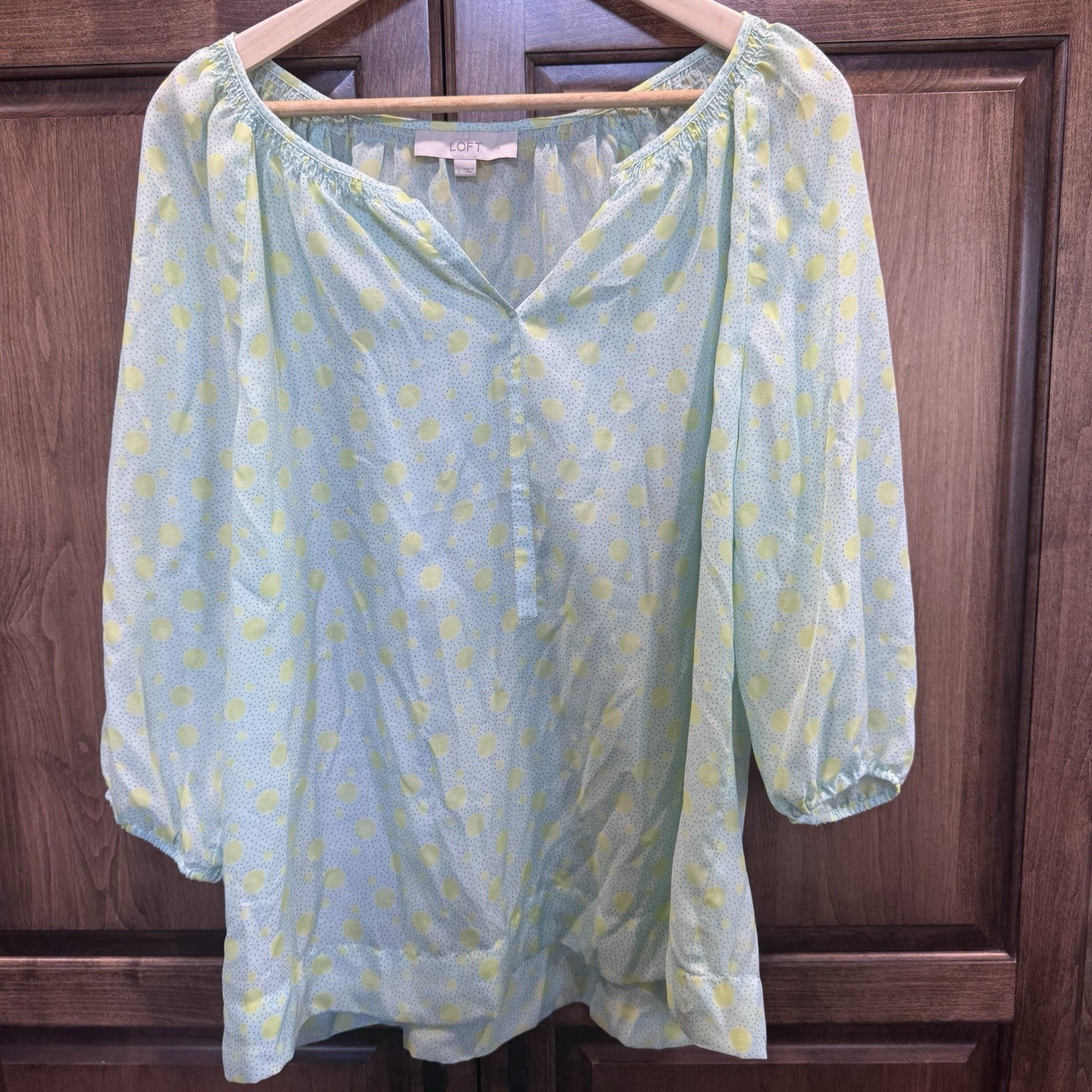 LOFT Women’s Blouse Large Green Polka Dot Peasant Top Long Sleeve Boho Sheer
