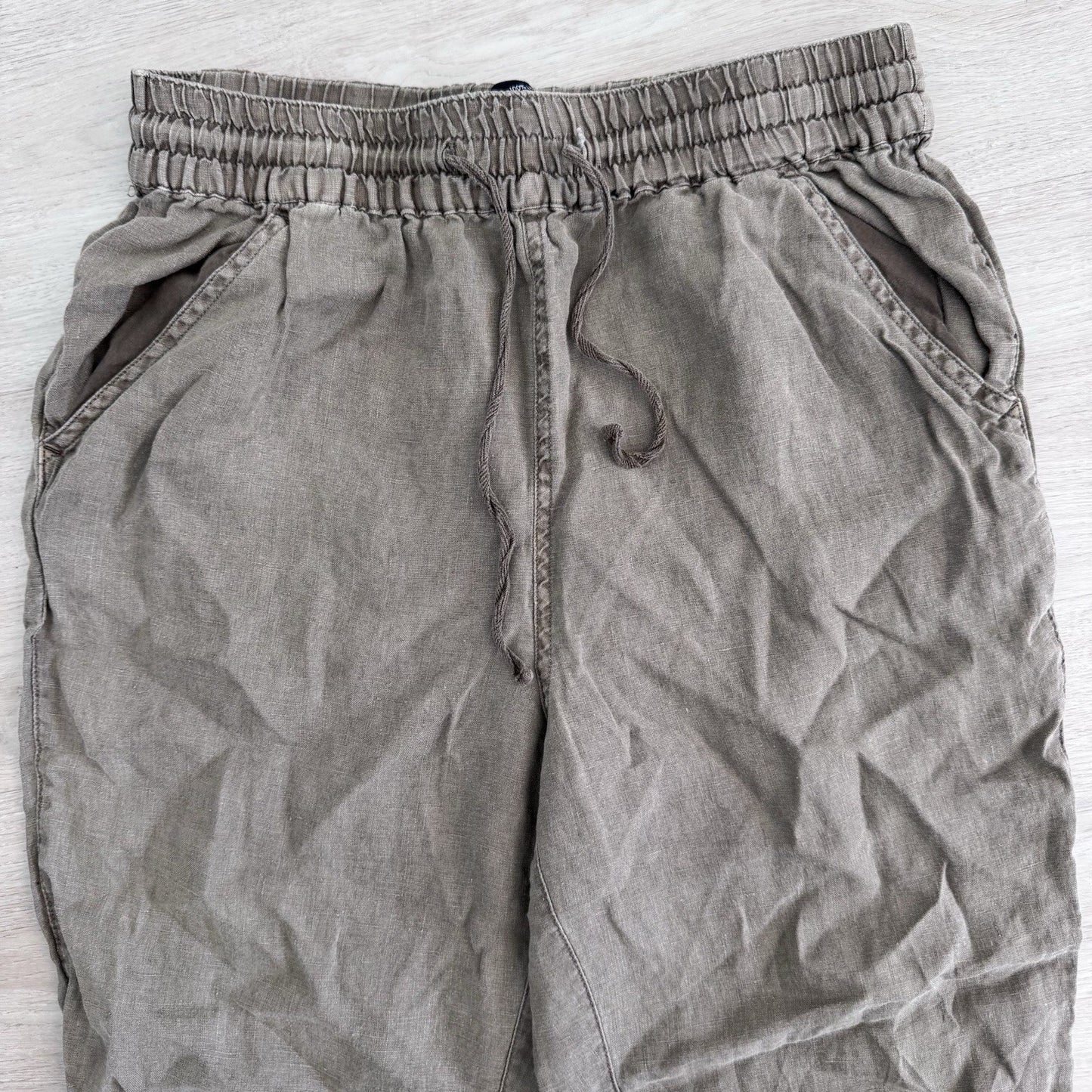 Nicole Miller New York Linen Pants Womens Large Taupe Elastic Waist Ankle Button