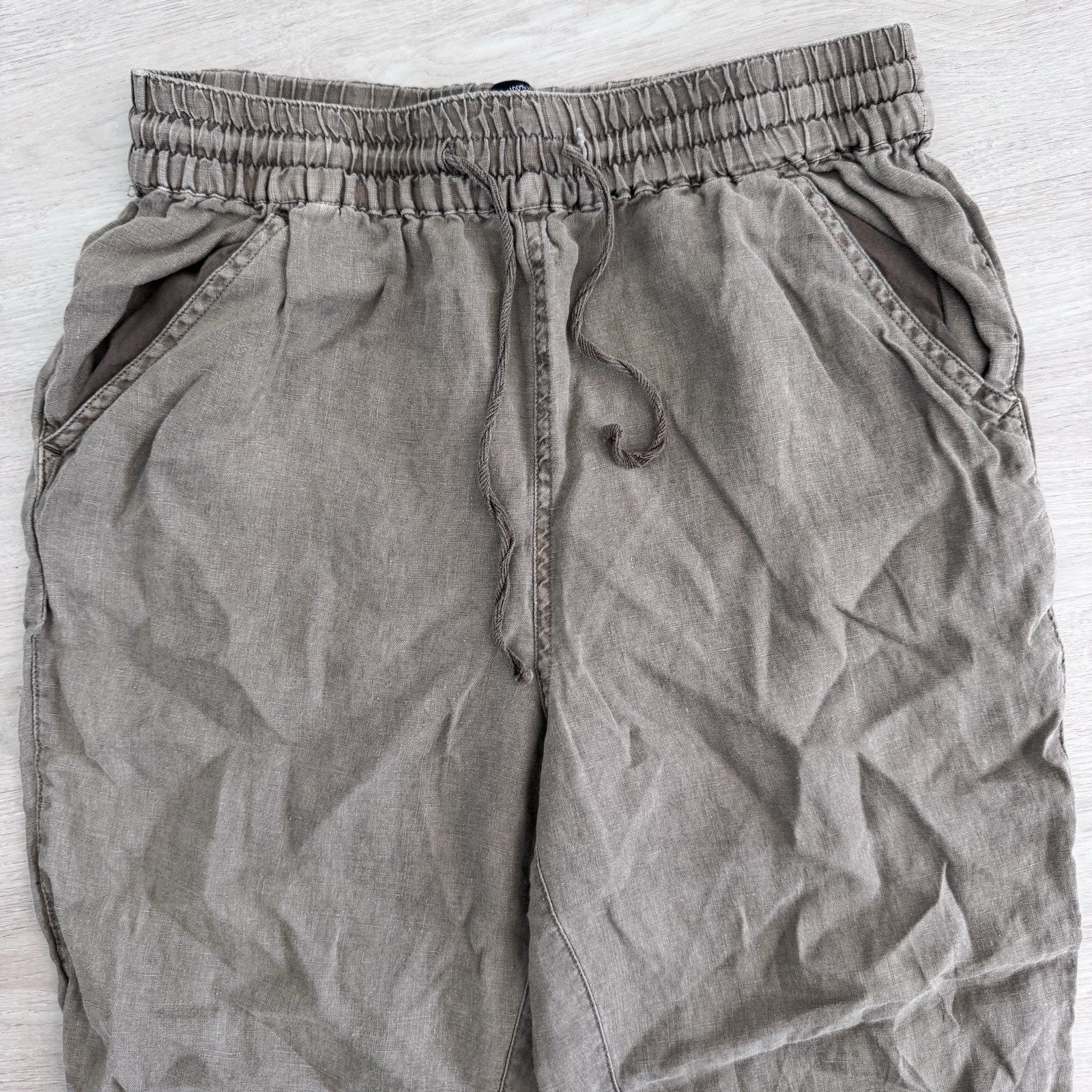 Nicole Miller New York Linen Pants Womens Large Taupe Elastic Waist Ankle Button