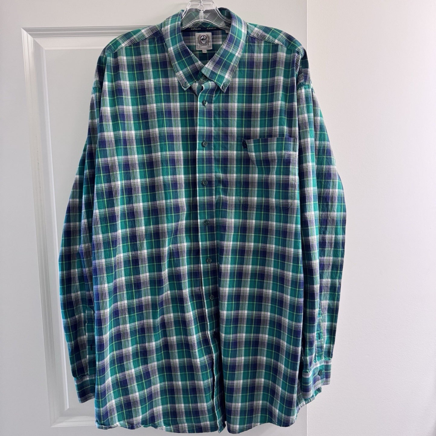 Cinch Men’s Plaid Button Down Shirt XXL Green Blue Western Cowboy Ranchwear