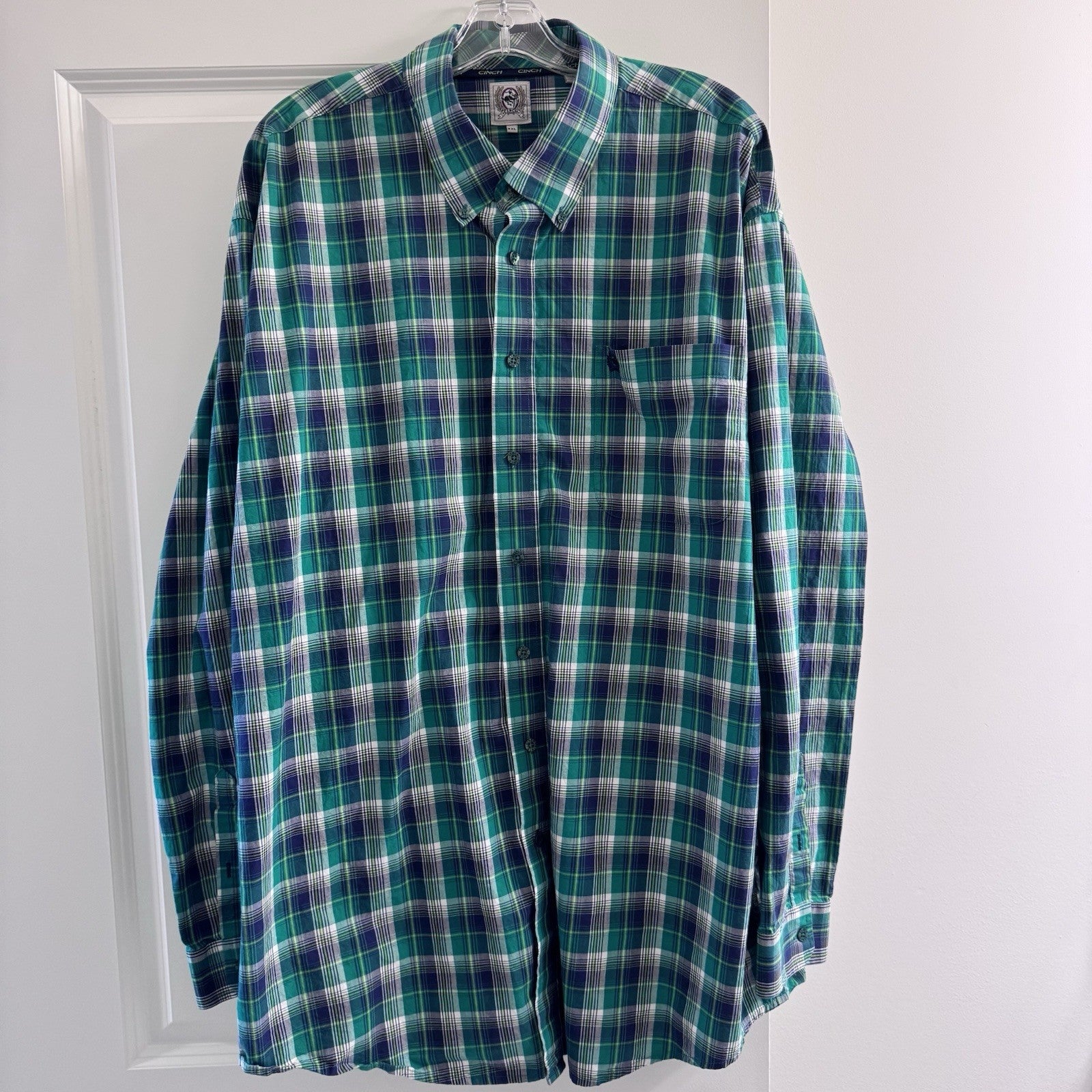 Cinch Men’s Plaid Button Down Shirt XXL Green Blue Western Cowboy Ranchwear
