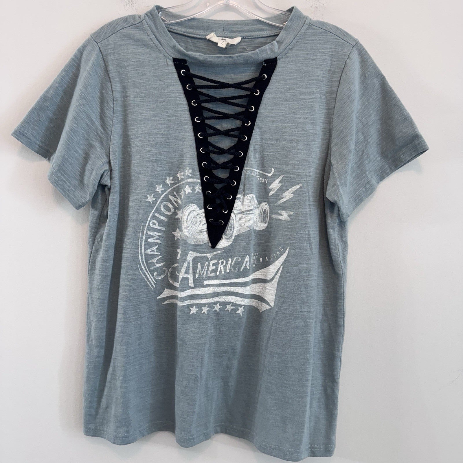 Entro Lace Up Graphic Tee Shirt Women’s L Blue American Racing Y2K