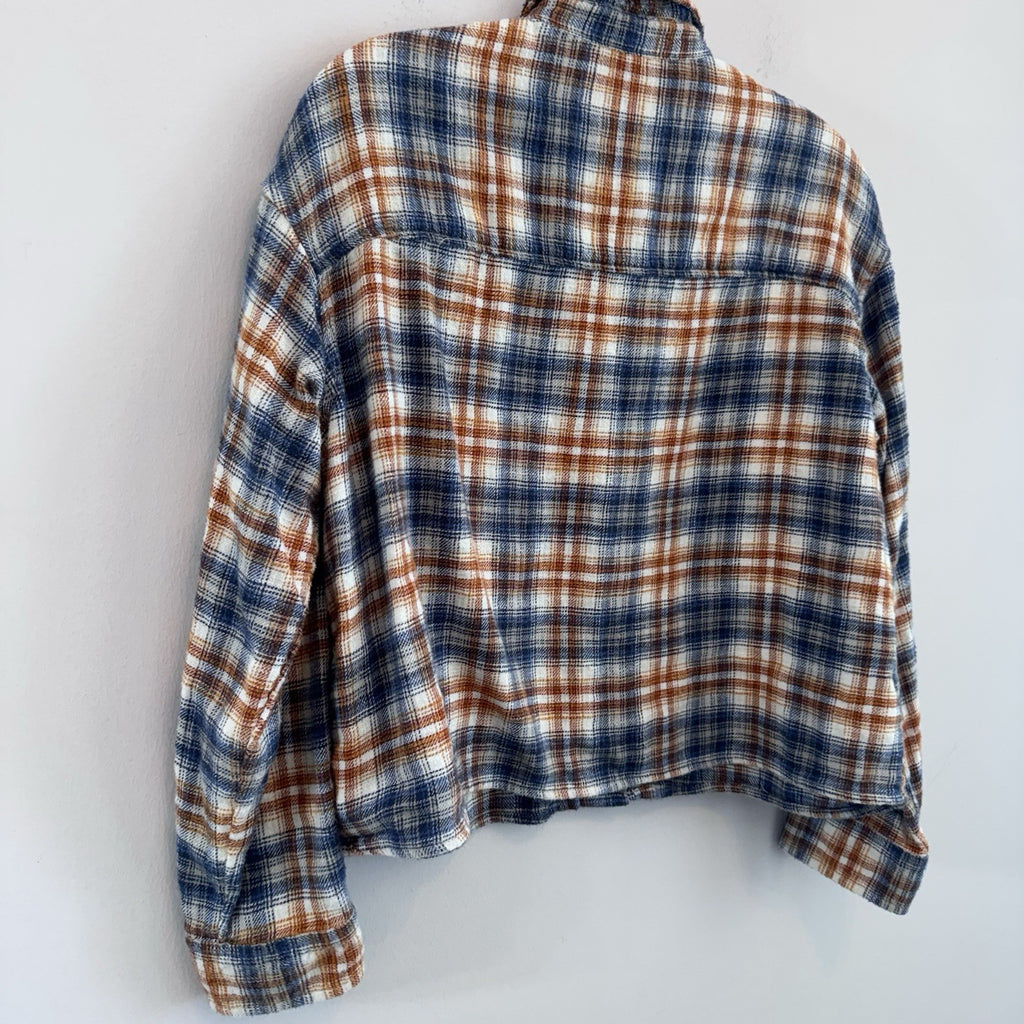 American Eagle Flannel Shirt Womens M Blue Brown Plaid Shacket Crop