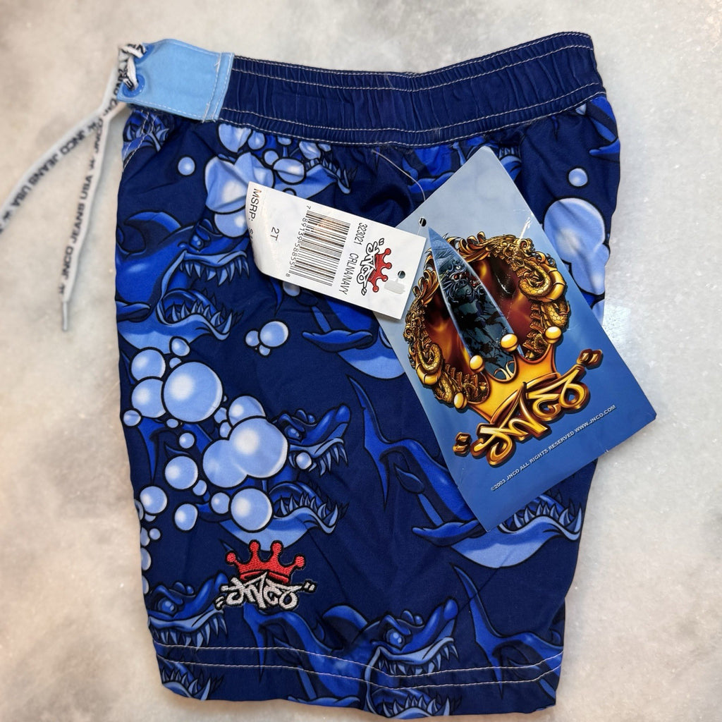 Vintage JNCO Jeans Toddler Boys 2T Swim Trunks Shark Print Blue NWT Deadstock