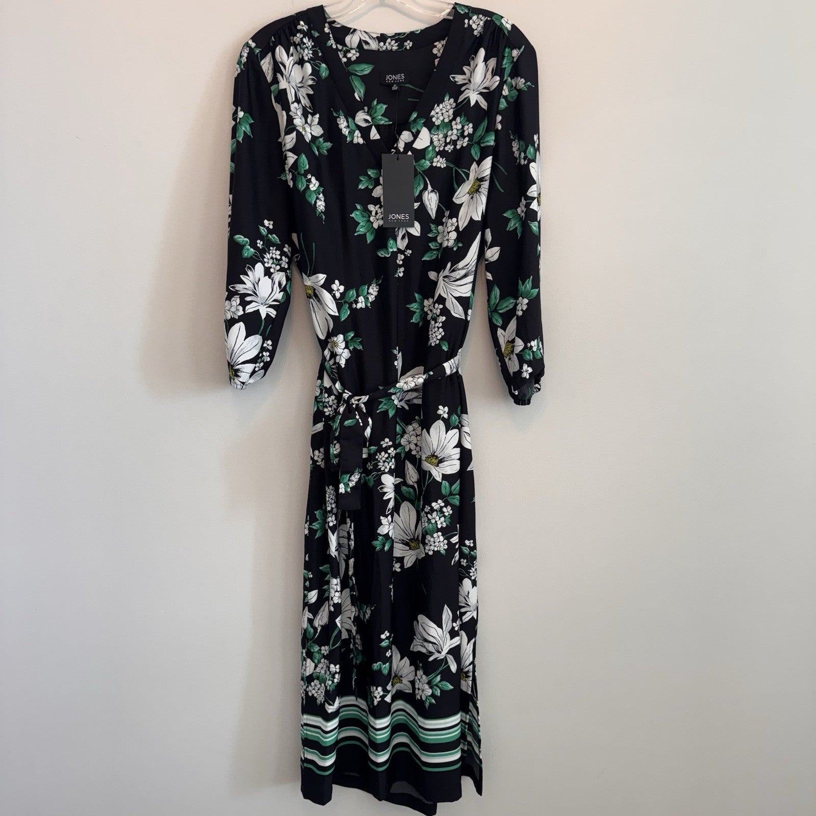 Jones New York NWT Medium Floral V-Neck Midi Dress Black Kelly Green Pockets