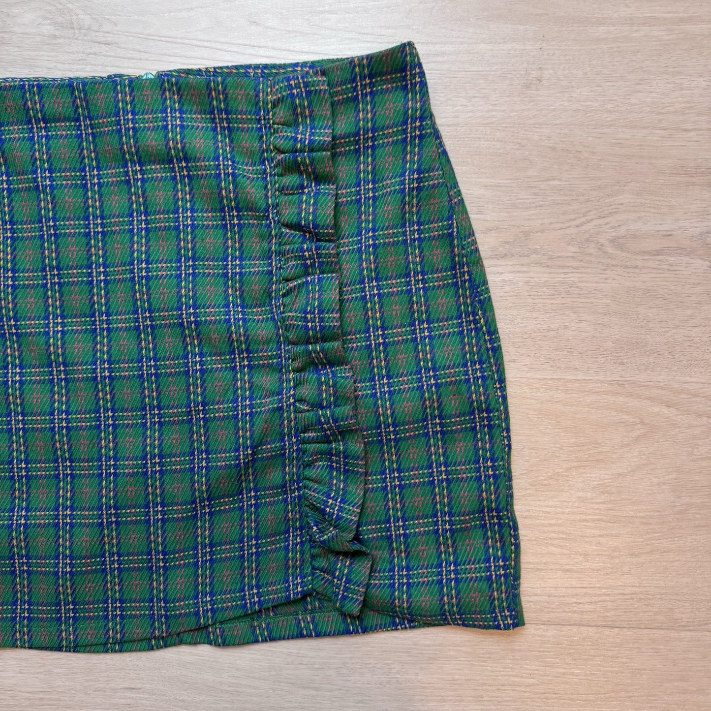 Topshop Womens Plaid Ruched Mini Skirt Green Blue Size 10