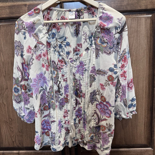 Billabong Boho Floral Peasant Blouse Women’s Large Cream Multicolor 3/4 Sleeve 
