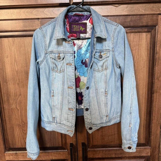 Hollister Jacket Women Blue Denim Jean Coat Button lined Y2K Beach Slim Medium