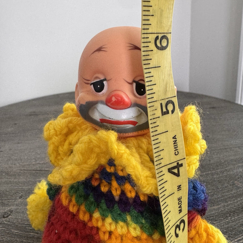 Vintage Sad Clown Crochet Pom Pom Doll Rainbow 6" Mid Century Handmade Folk Art