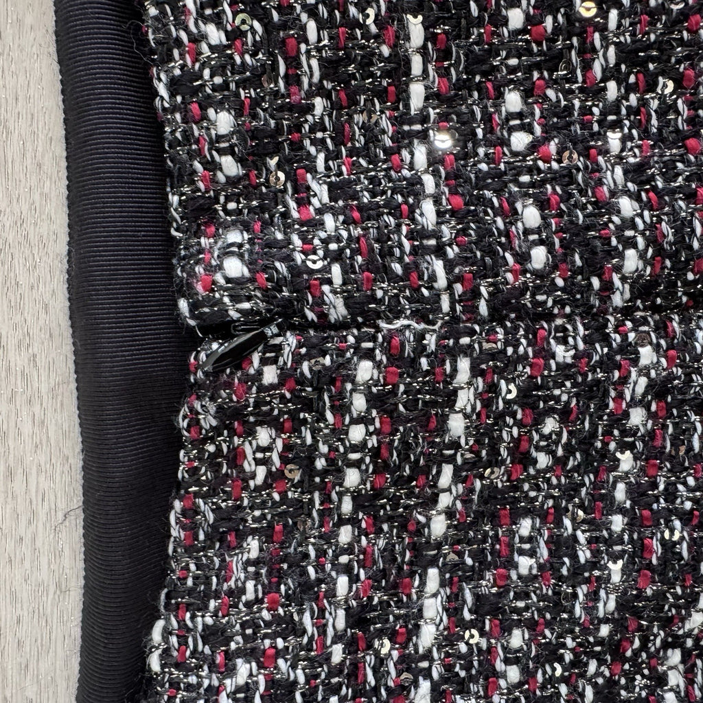 LOFT Tweed Pencil Skirt Size 4 Black Red White Fringe Trim Lined