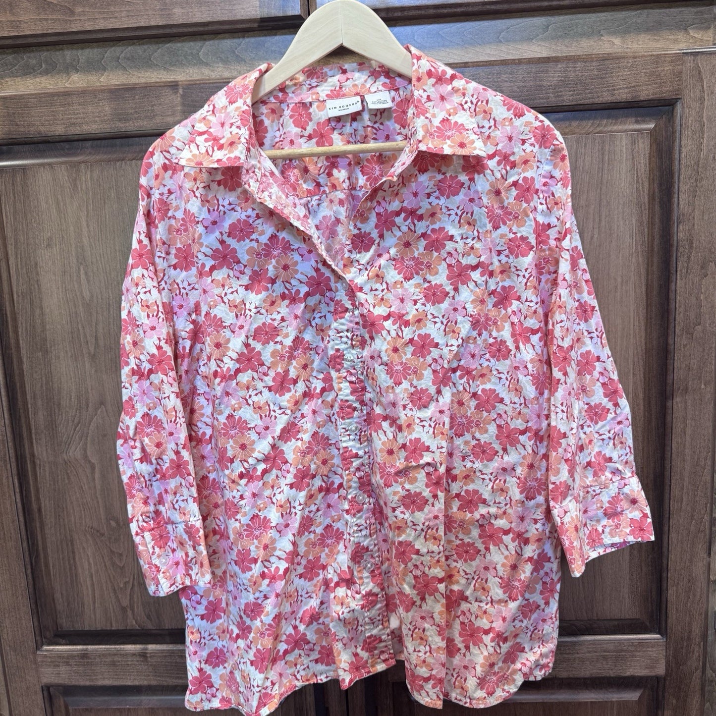 Kim Rogers Woman 2X Floral Button-Up Shirt Pink Orange White Cotton