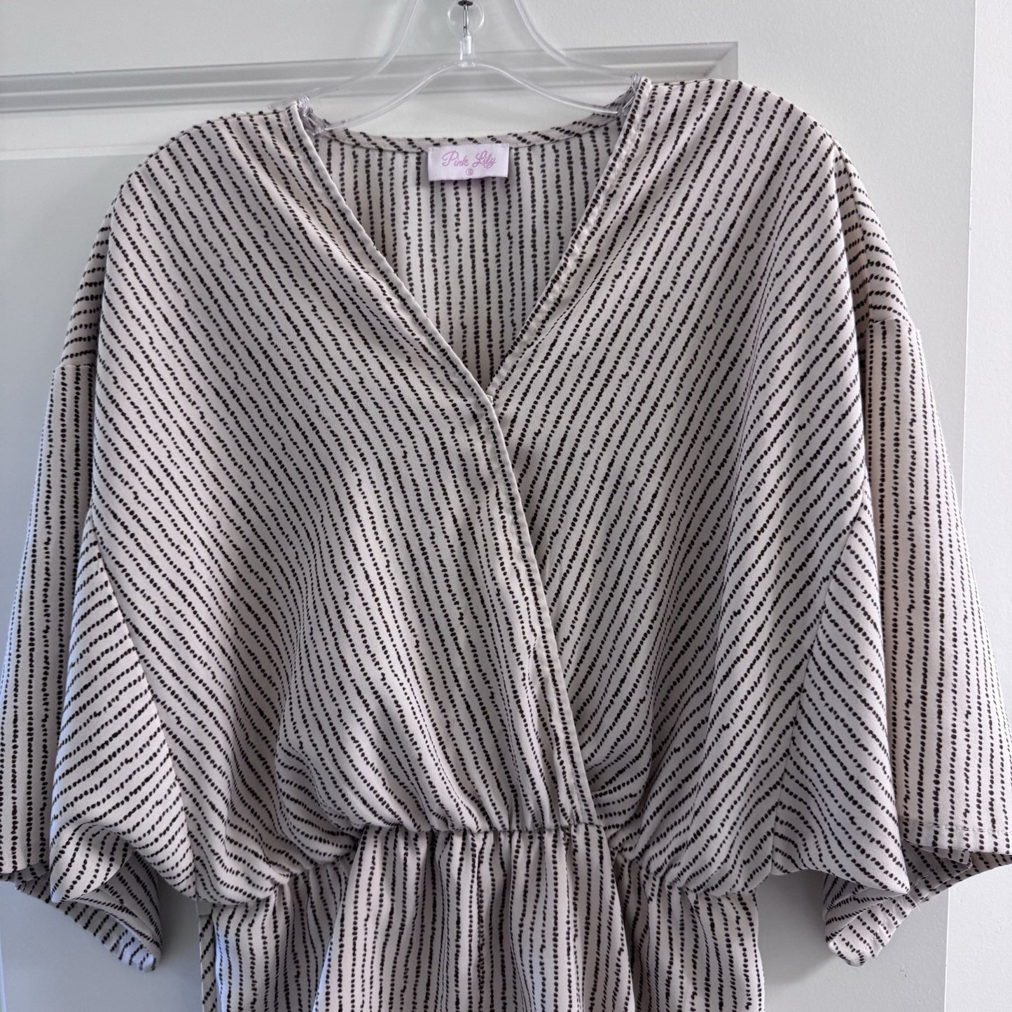 Pink Lily Womens Romper Small Kimono Sleeve Beige Black Stripe Wrap