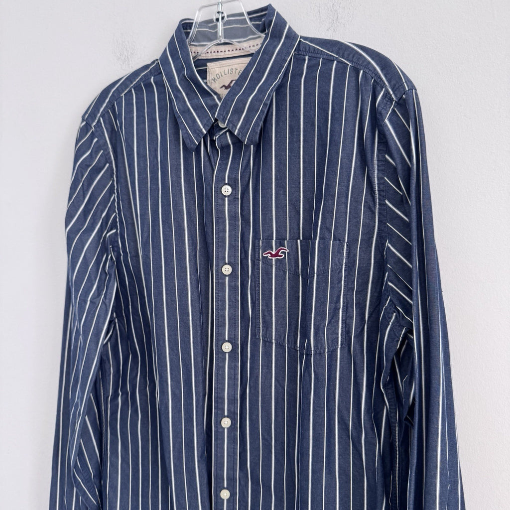 Hollister Mens Large Button Up Shirt Blue White Stripe Cotton Preppy Y2K