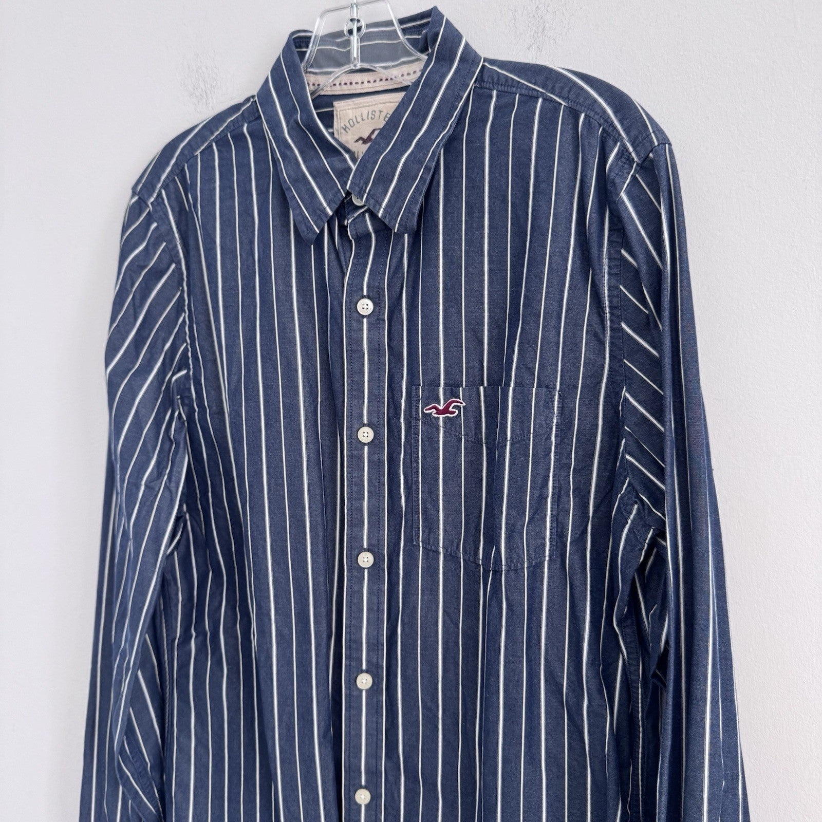 Hollister Mens Large Button Up Shirt Blue White Stripe Cotton Preppy Y2K
