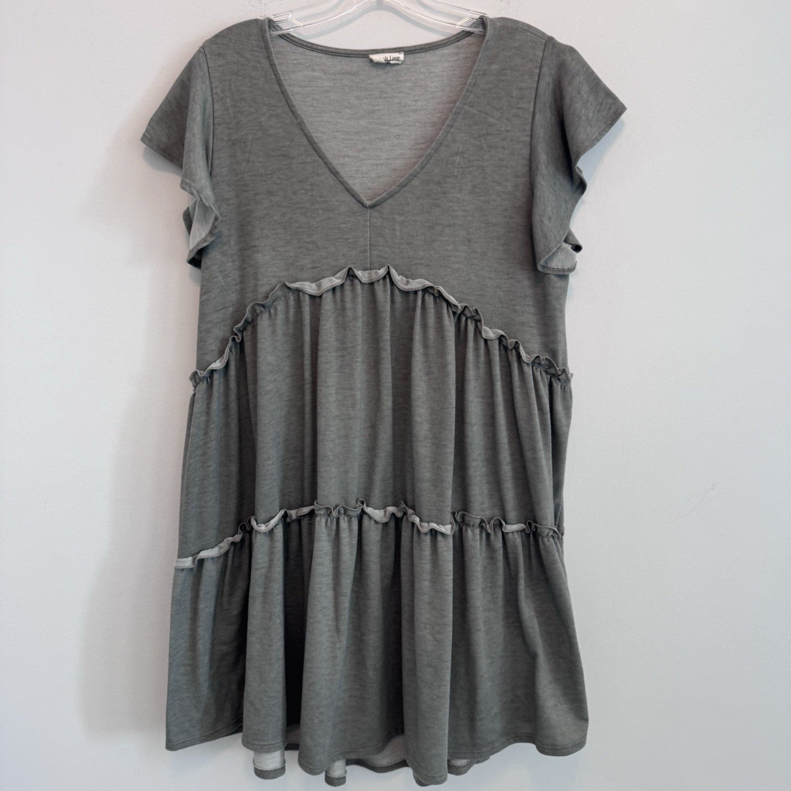Peach Love Gray Babydoll Dress Womens M Boho Oversized Ruffle